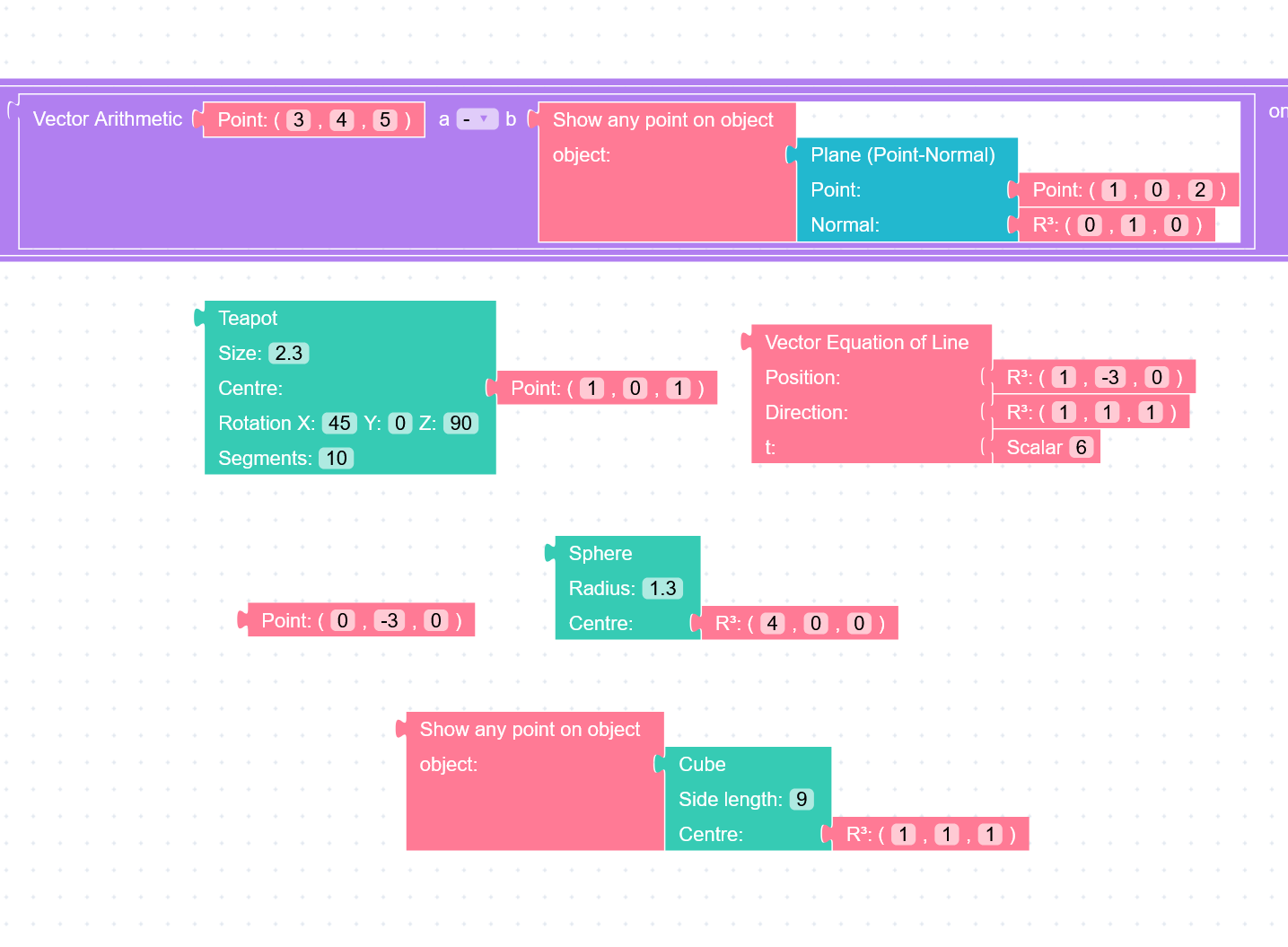 GeoScratch's block-based programming interface, with blocks for vector
arithmetic, planes, lines, and primitive shapes