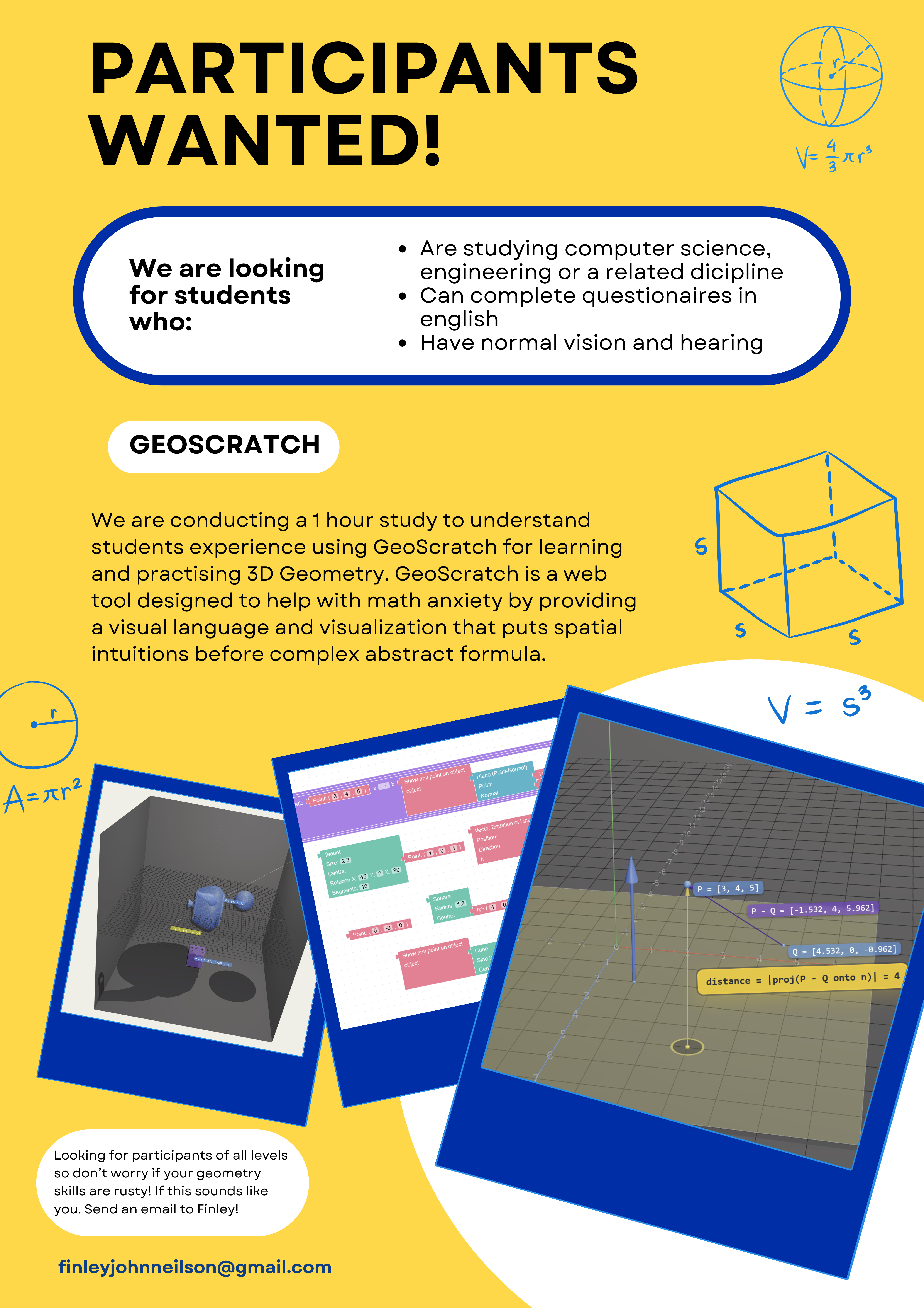 A recruitment flyer for the GeoScratch user study