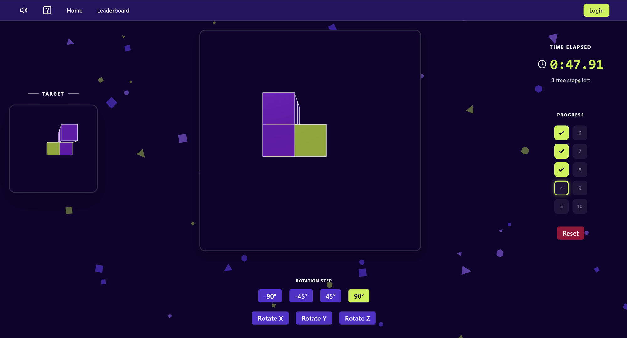 The game view, mid-puzzle, with the target shape shown alongside the
active block cluster